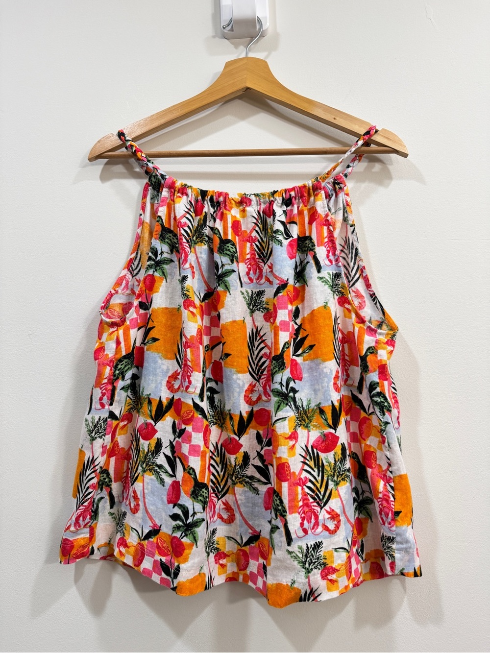 NWT C&C California M 100% Linen Halter Tank Tropical Lobster Citrus Print Summer